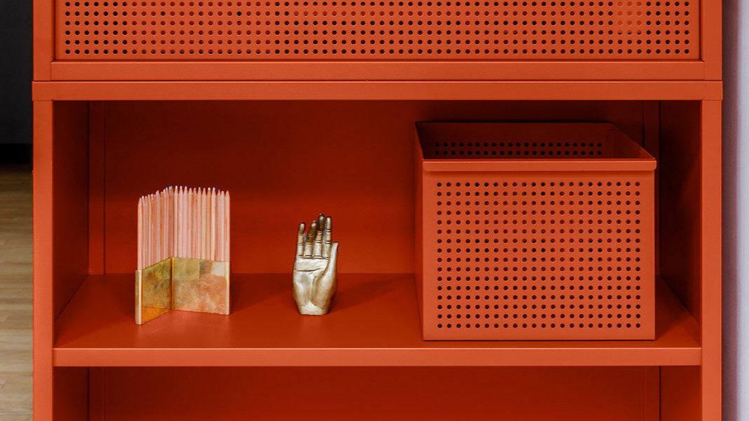 Heartwork Active Duty Bookcase with closed back in orange with basket and objects