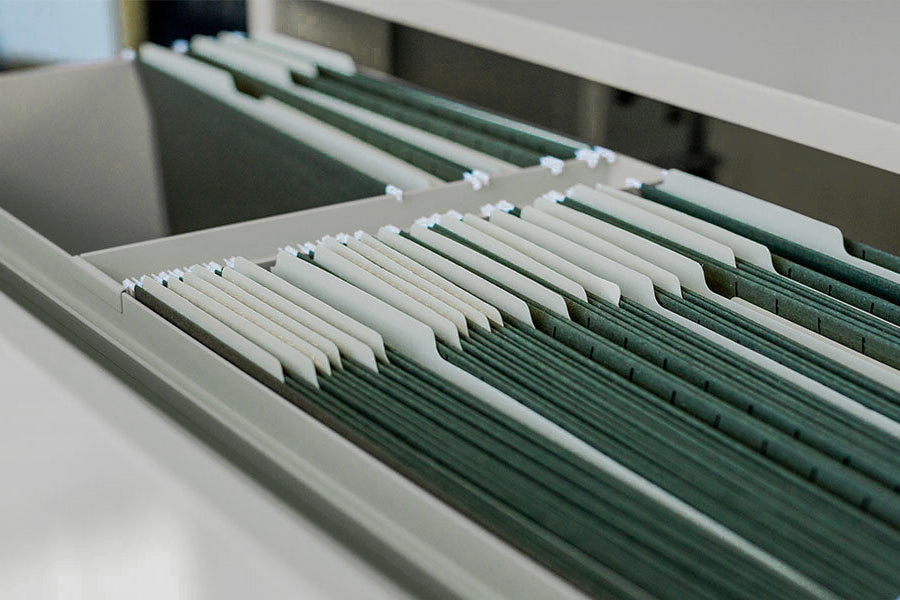 Detail of Heartwork Building Block Lateral File cabinet with open drawer and files