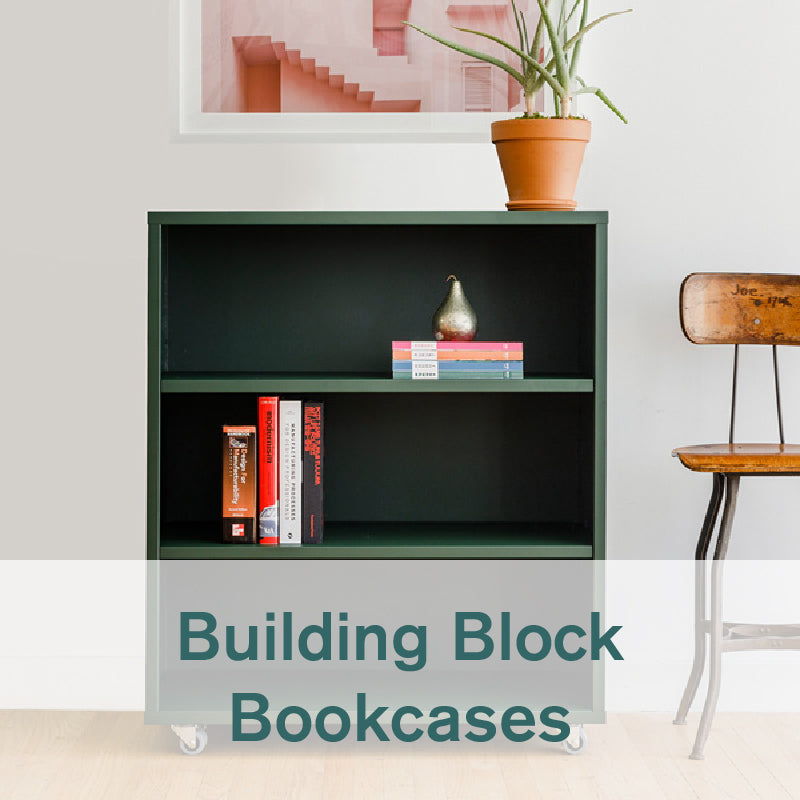Heartwork Building Block bookcase in deep green with books in home setting