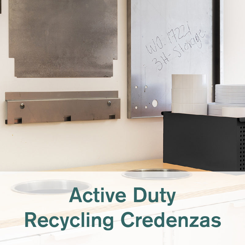 Heartwork Active Duty recycling credenza showing openings on worktop