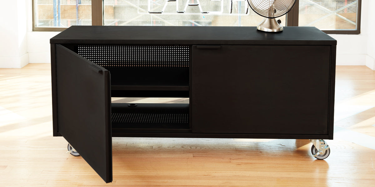 Heartwork Active Duty A/V credenza in black showing the open perforated back