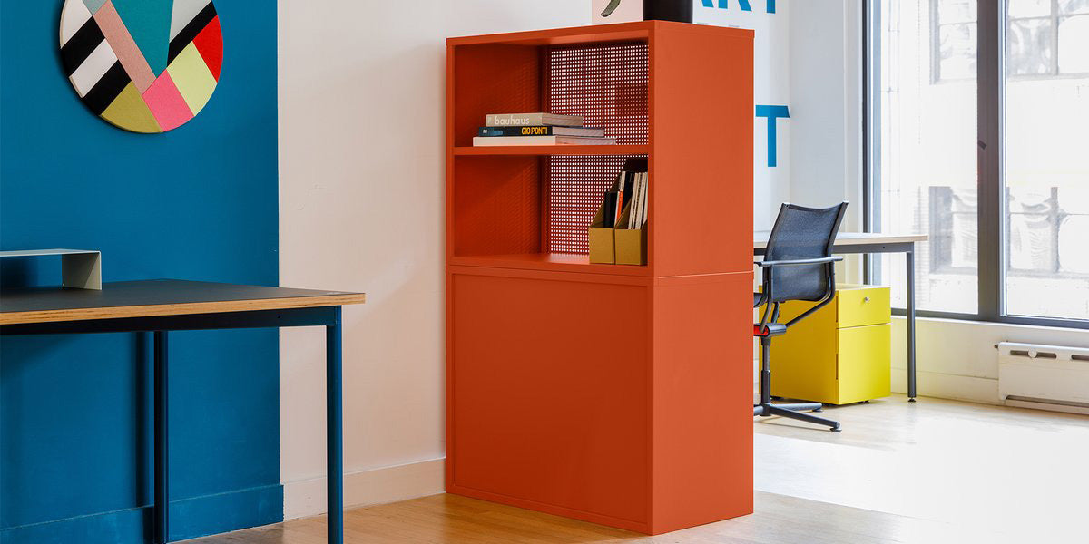 Heartwork Active Duty Bookcases in orange with books and file holders