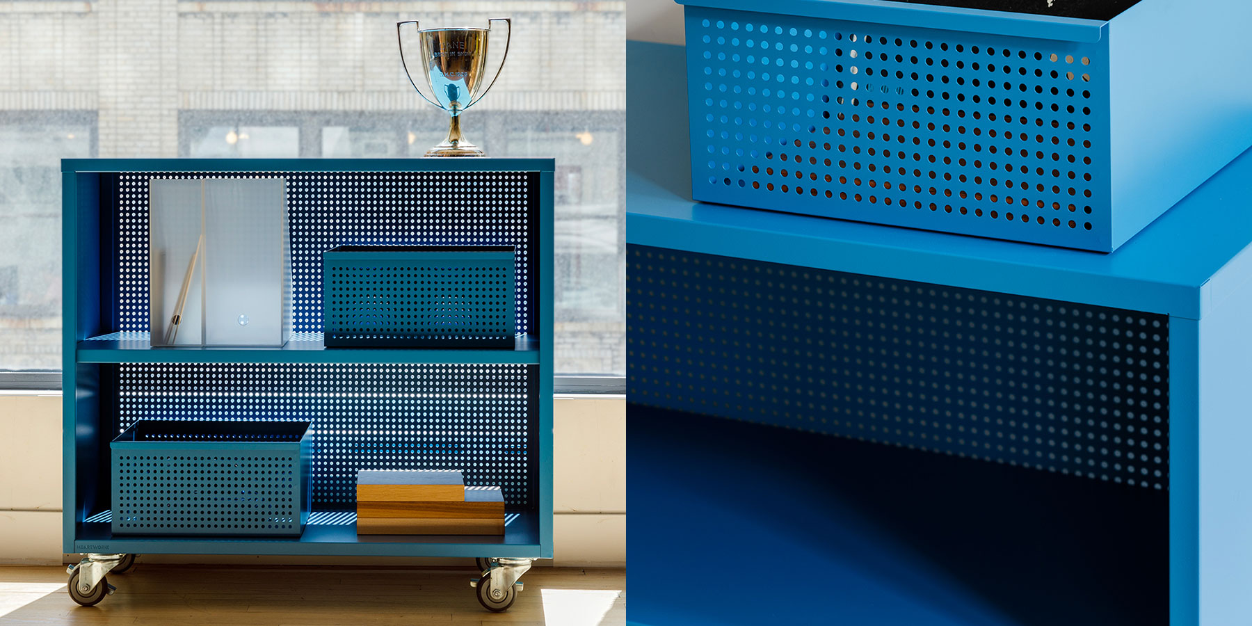Heartwork Active Duty Bookcase with perforated back in teal and blue with baskets