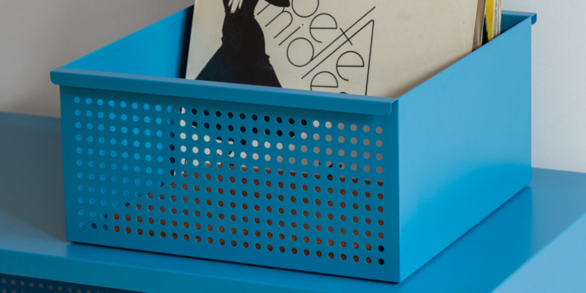 Heartwork Perforated Basket in blue with records inside