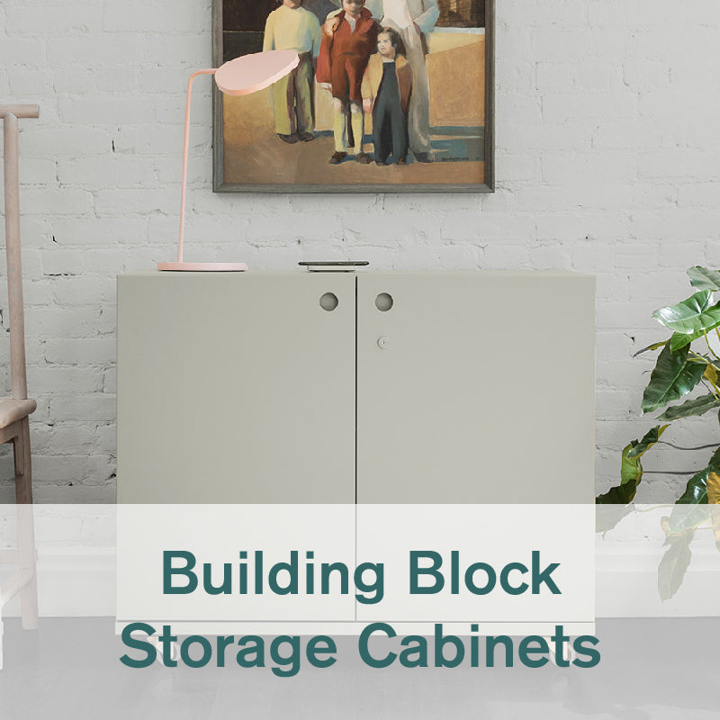 Heartwork Building Block storage cabinet in warm stone against a white wall in home setting