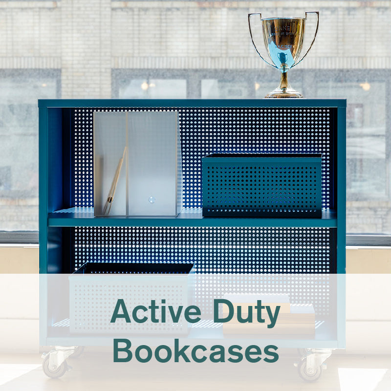 Heartwork Active Duty bookcase with perforated back in teal with basket against a window