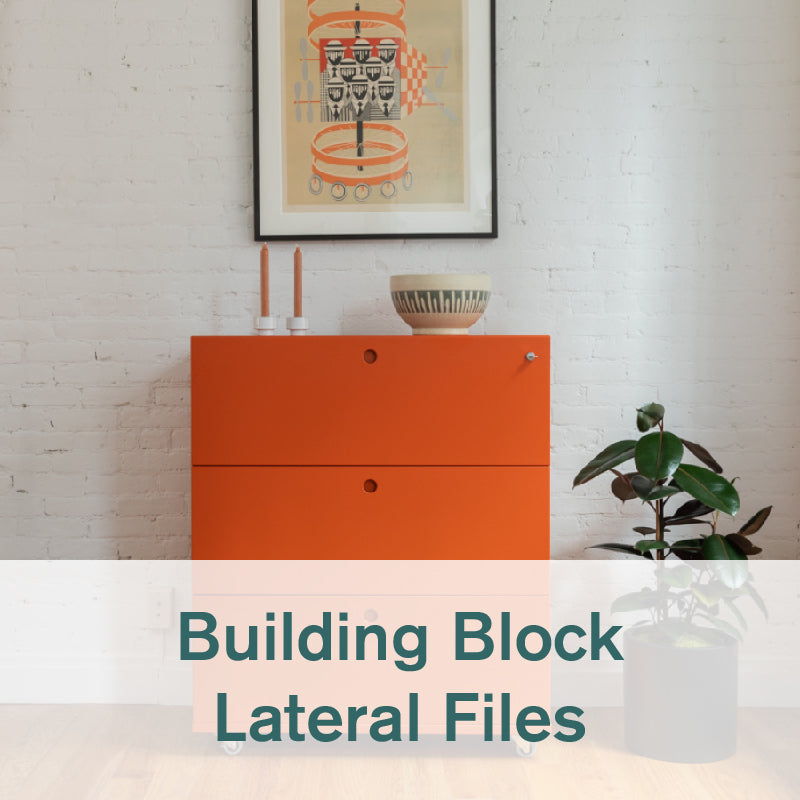 Heartwork Building Block lateral filing cabinet in warm orange against a white wall in home setting