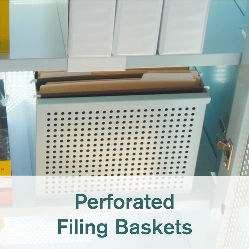 Heartwork perforated filing basket in white with files inside Active Duty Assistant cabinet