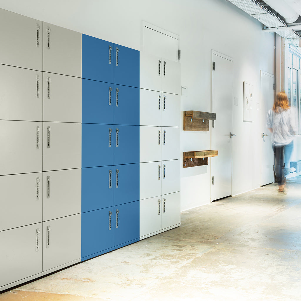 Heartwork Lockers against in different colours against the wall wall in office setting