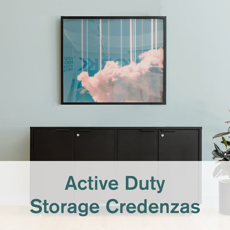 Heartwork Active Duty storage credenza in black against a light coloured wall in home setting